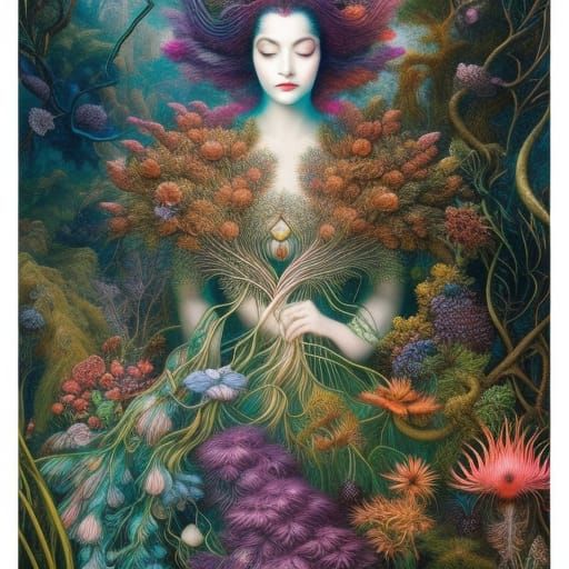 Unicorn-Human Hybrid in Mycelium Network, Detailed Art