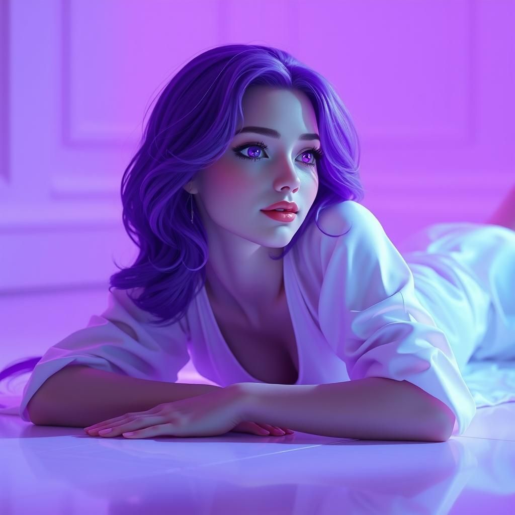 Ethereal Woman with Purple Hair in Dreamy Anime Style