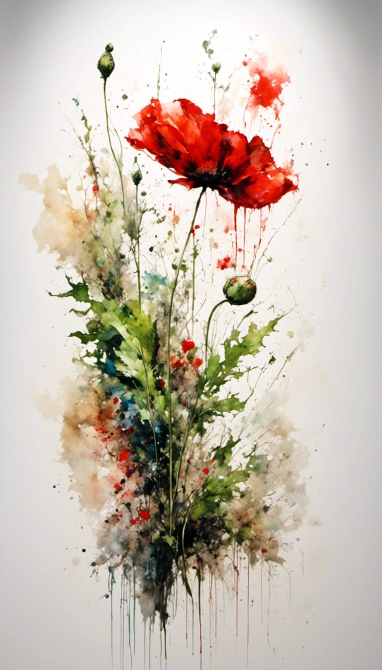 Red Poppy in Splatter Graffiti Style on White