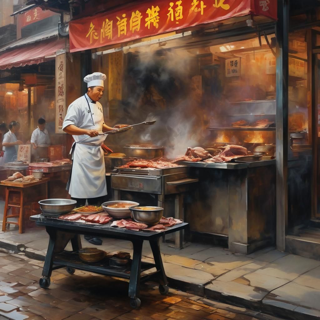 Vibrant Chinatown Street Scene in Warm Oil Painting Style