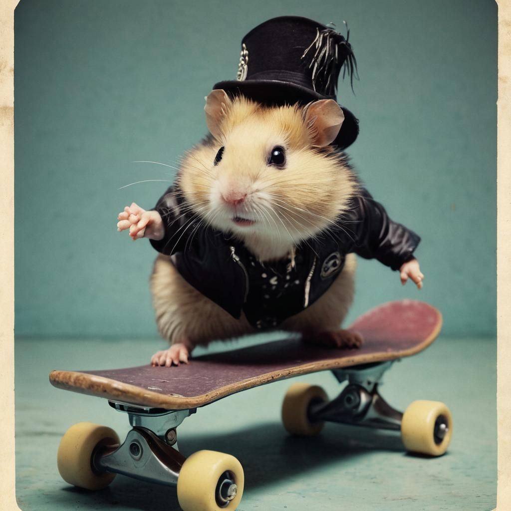 Punk Rock Goth Hamster on Skateboard, Vintage Photo