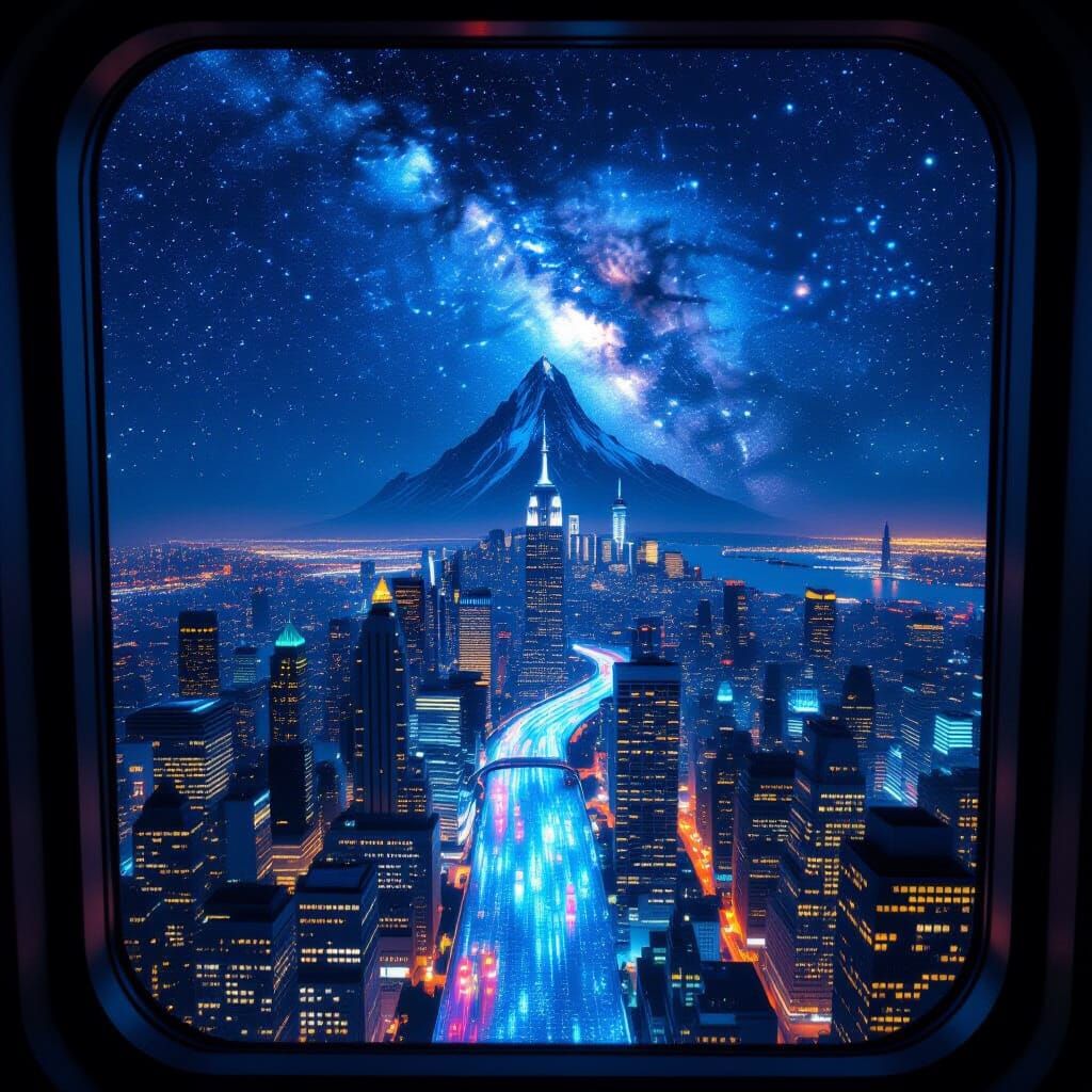 Vast Cityscape from Orbit with Mountain Backdrop