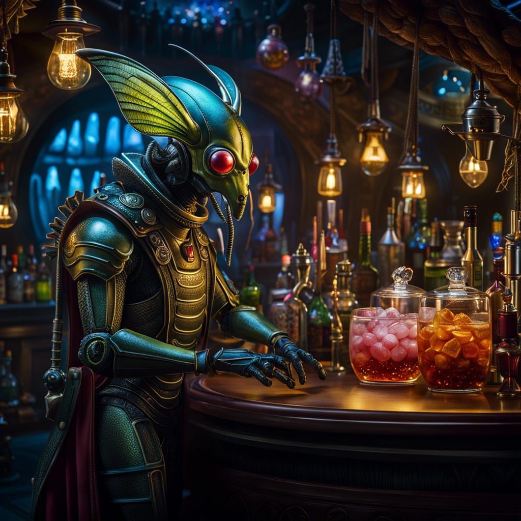 Insectoid Bartender in Mystical Setting: Digital Illustratio...