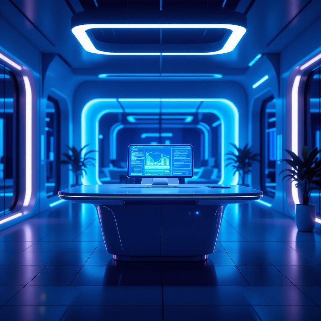 Futuristic Office Interior with Holographic Desk