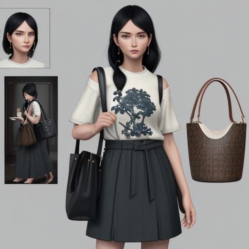 Chic Woman Wears Louis Vuitton Bucket Bag in 3D Anime Art