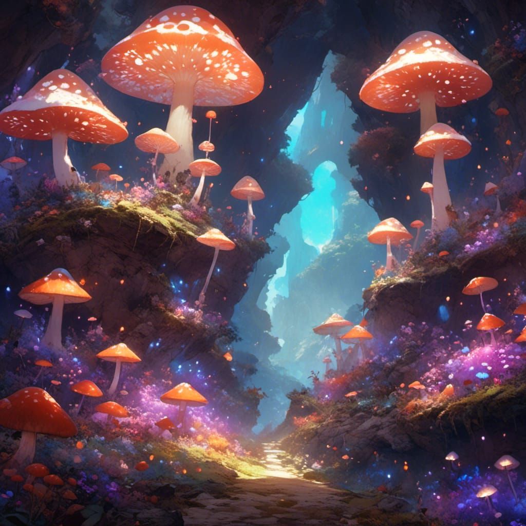 Glowing Nebula Flower Cave with Mushrooms