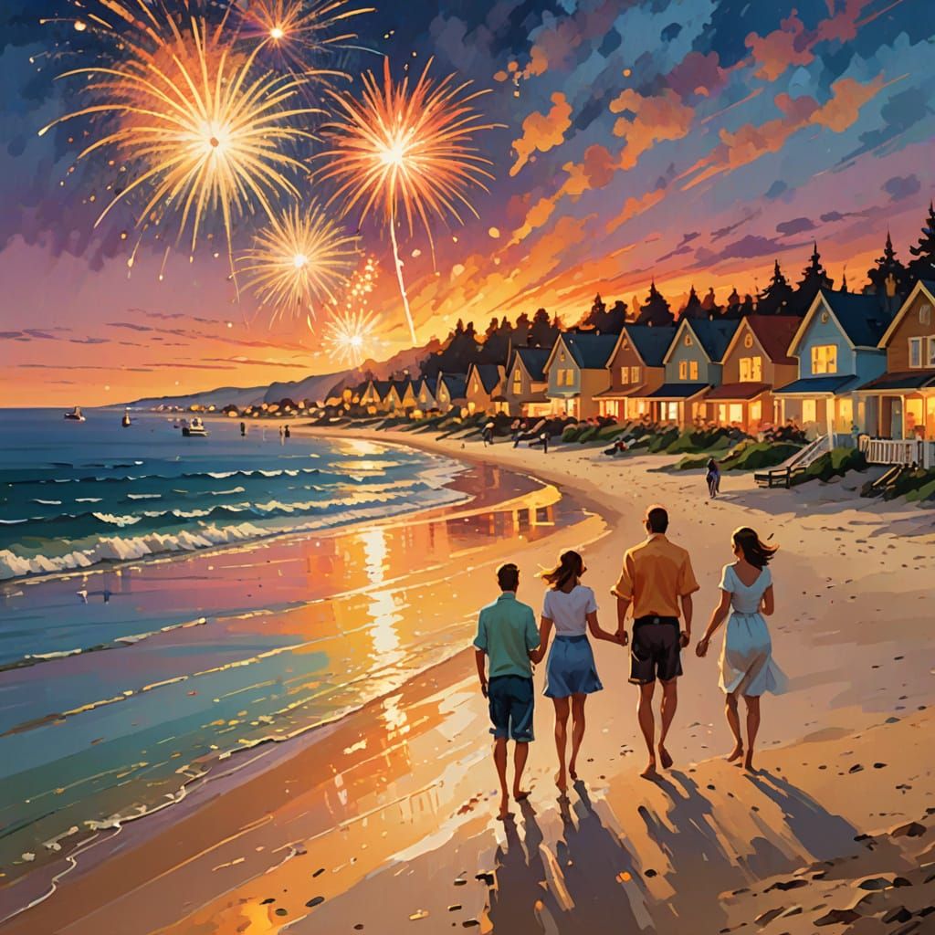 Coastal Cottages Aglow: Fireworks on a Summer Evening