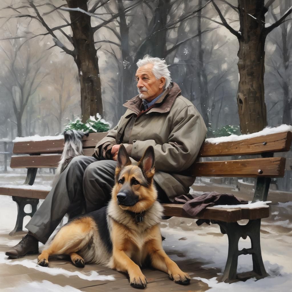 Old Man and Dog in Snowy Impressionist Oil Painting