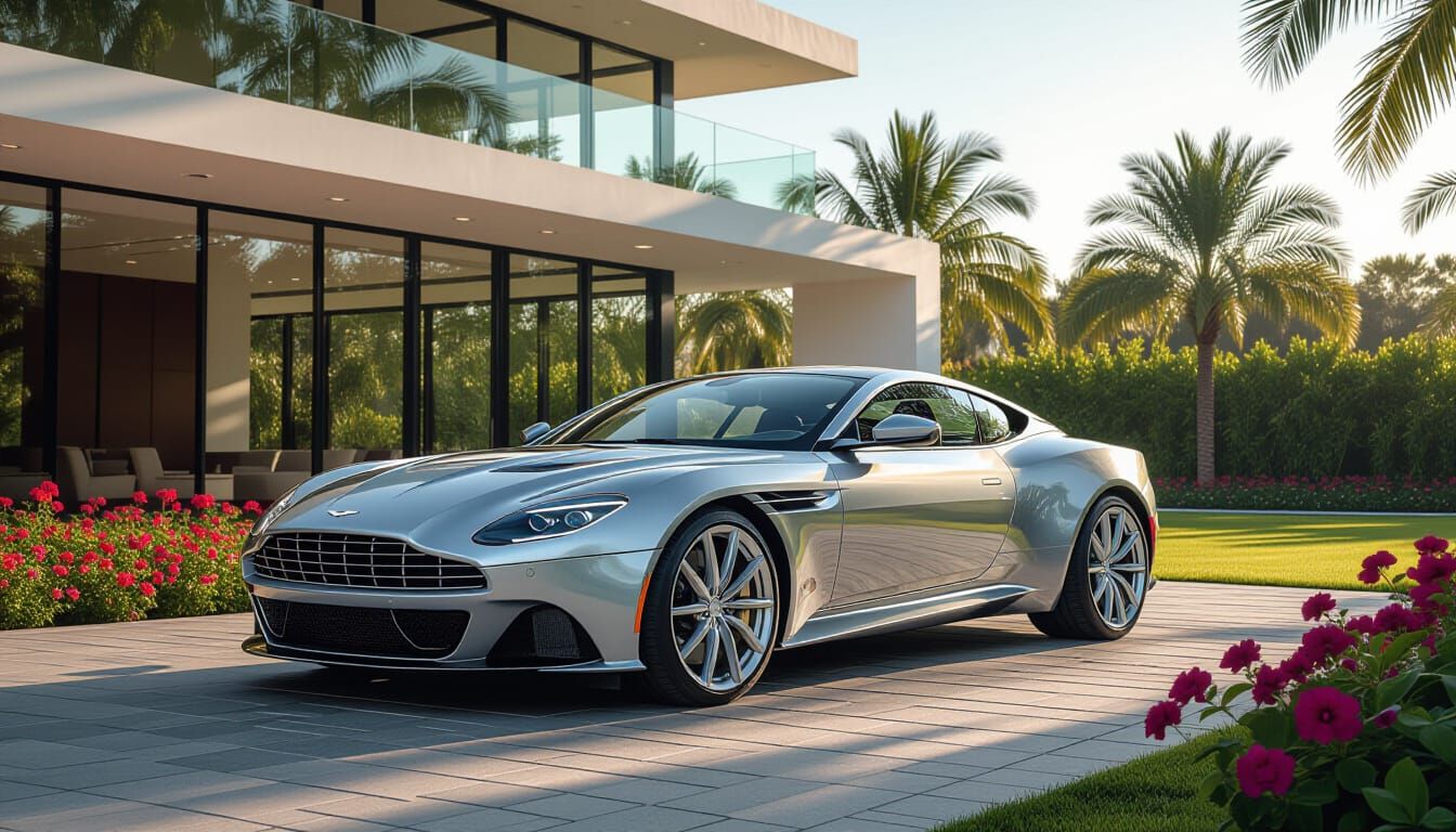 Sleek Aston Martin in Front of Modern Mansion