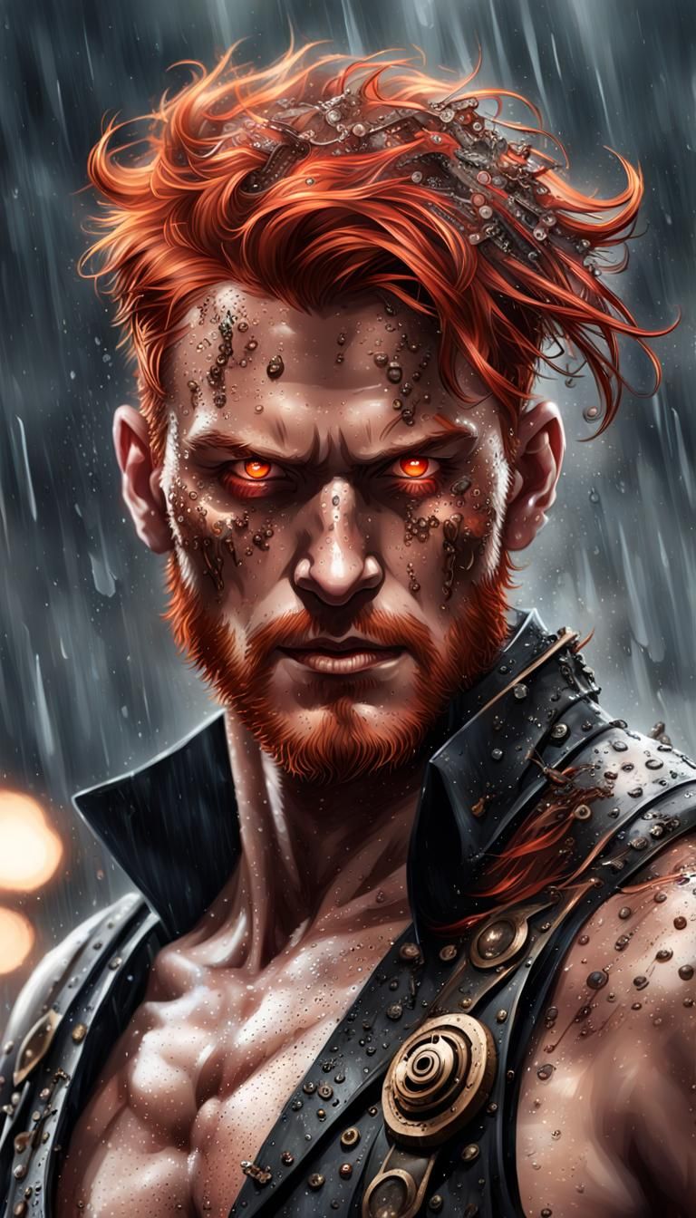 AI Drawing Prompt:
"In the midst of a chaotic battlefield, a shirtless, dripping sweaty, redhead male steampunk warrior ...