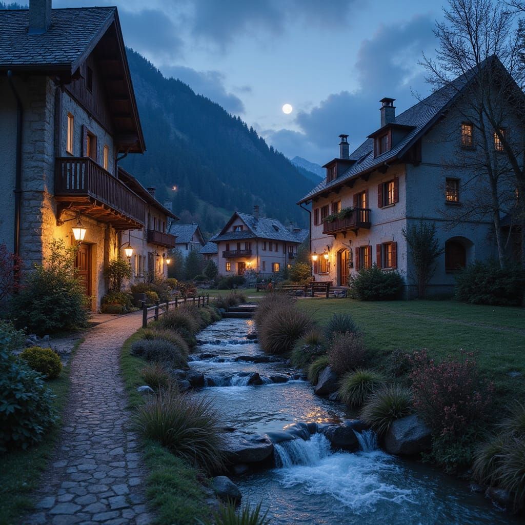 Alpine Fantasy Village at Dusk with Moonlit Stream