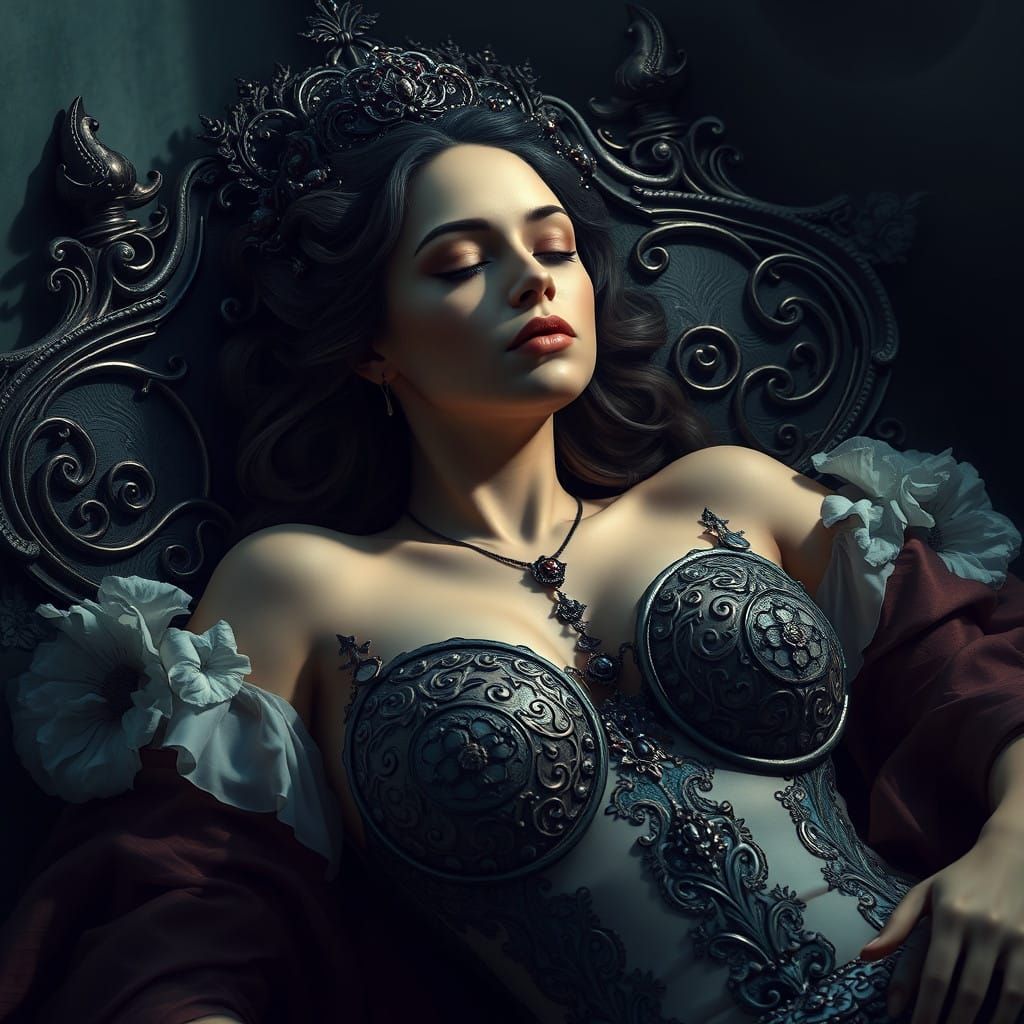 Hyperrealistic Dark Fantasy Queen in Serene Slumber