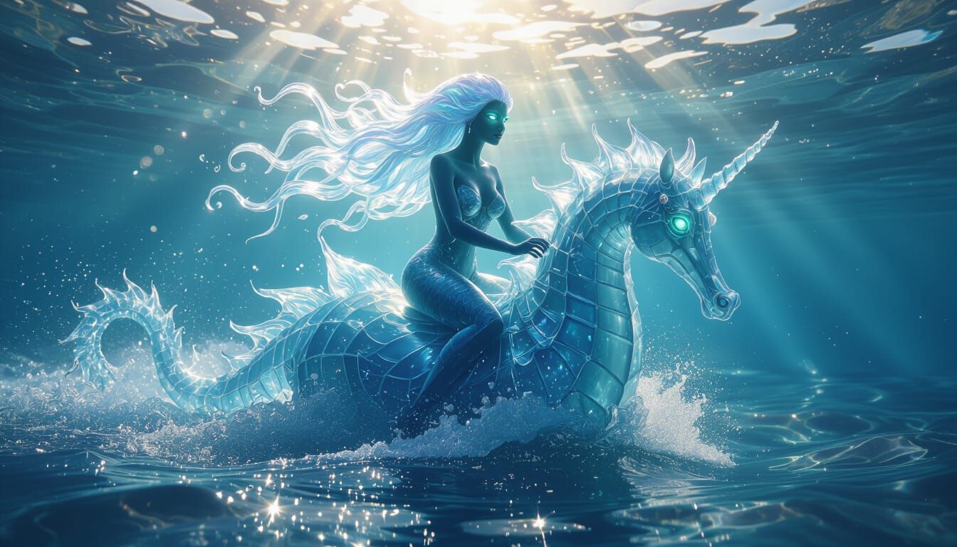 Water Elemental Riding Liquid Seahorse in Shimmering Waves