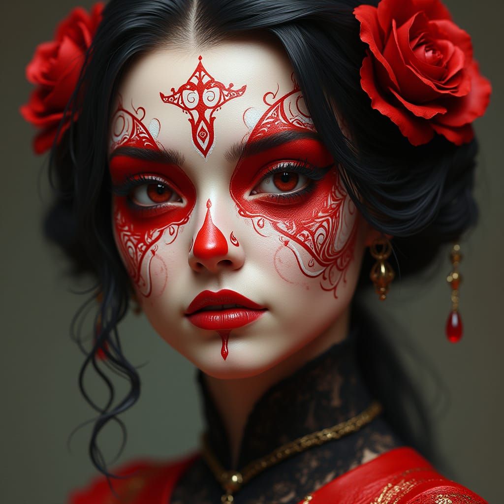 Woman Portrait With Red White Face Paint in Futuristic Victo...