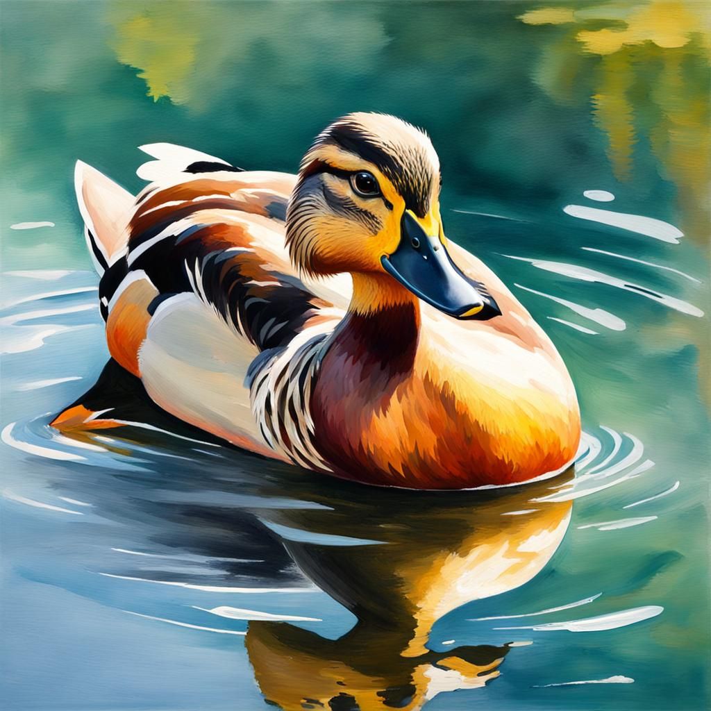 Duck on Lake in Impressionist Gouache Style