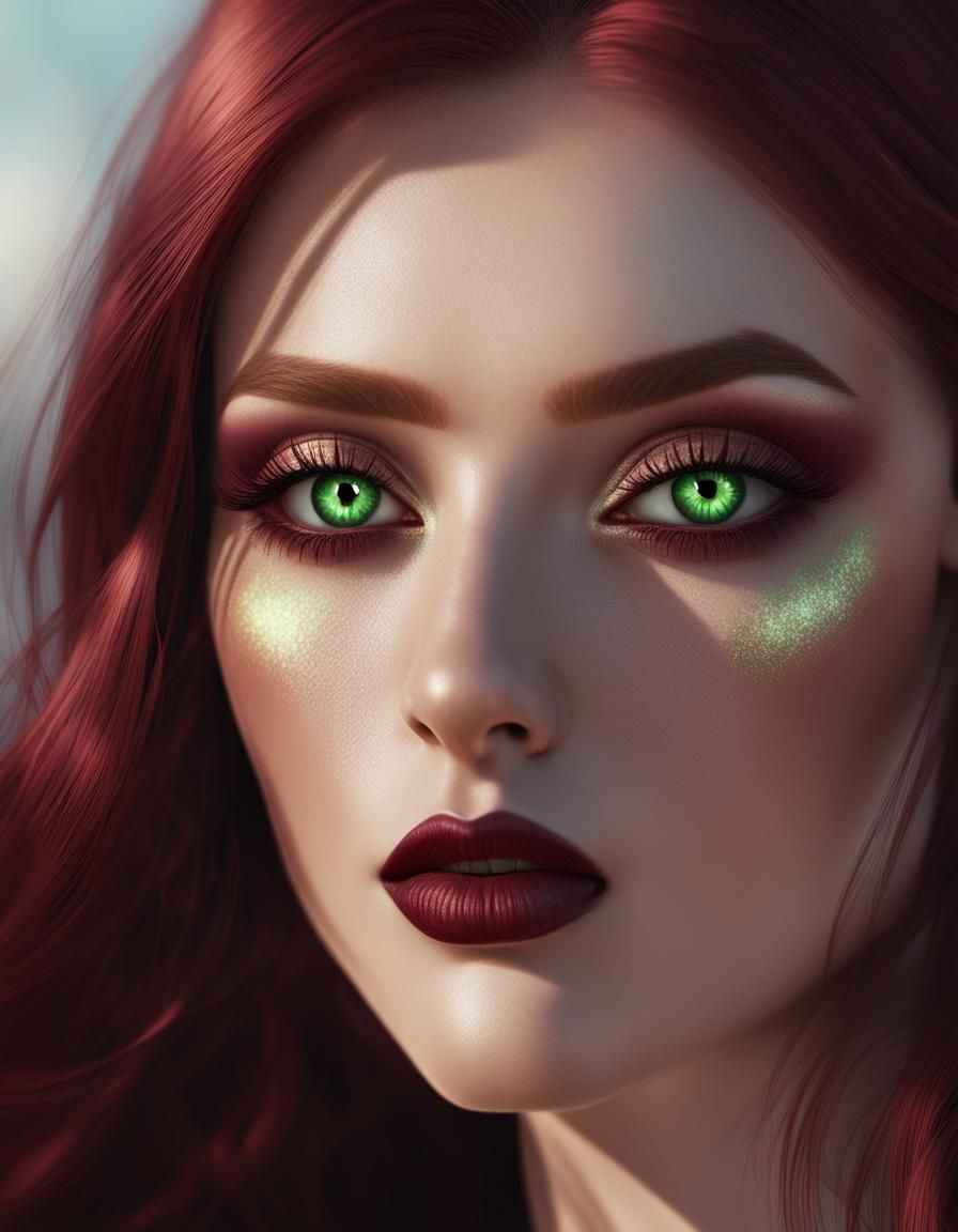 Ethereal young lady with long Burgundy hair and green eyes with Burgundy eyeshadow with Burgundy eyeliner and Burgundy l...