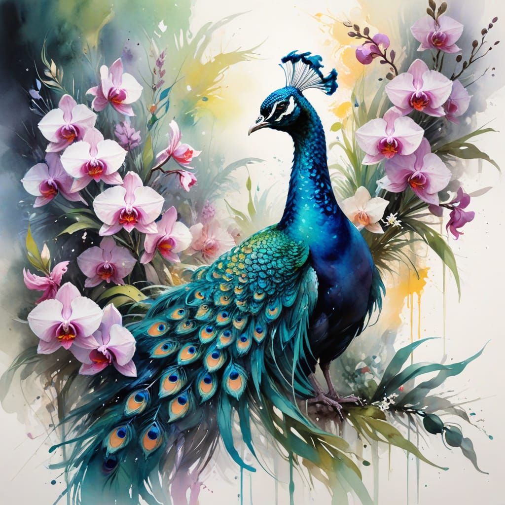 Peacock Display Among Tropical Orchids in Watercolor Style