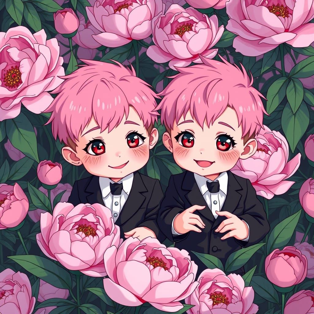 Adorable Pink-Haired Twin Boys in Vibrant Peony Garden