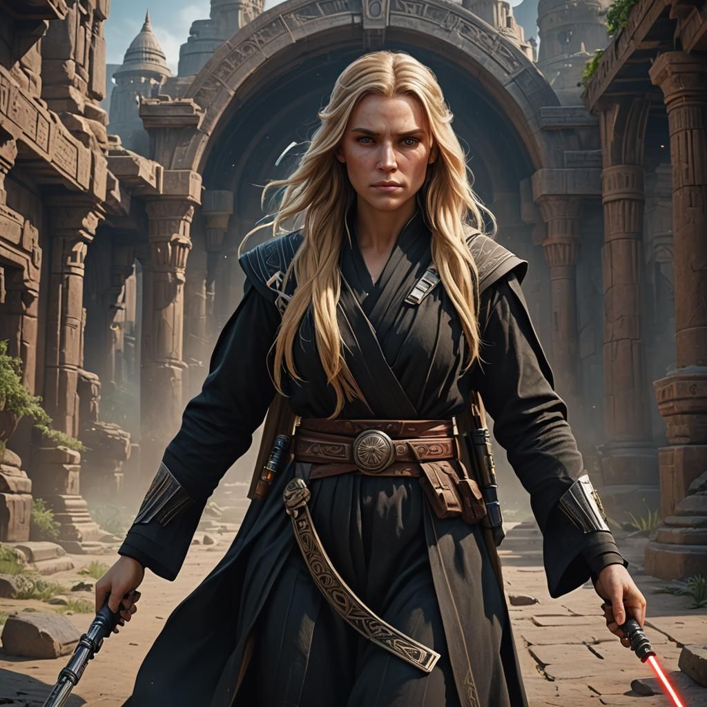 Female Jedi Knight in Black Robe, Detailed Matte Painting