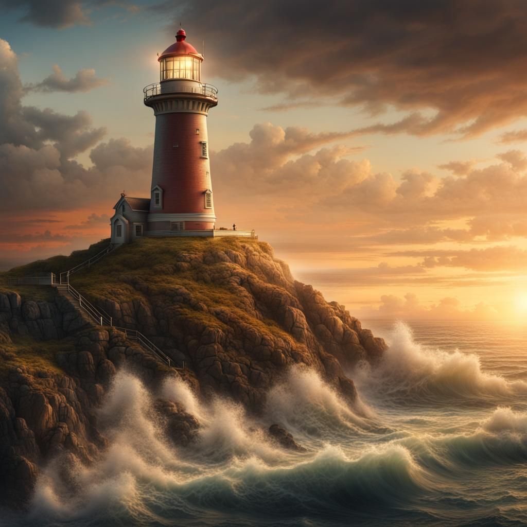 Lighthouse by the Sea at Sunset: Maximalist Digital Painting
