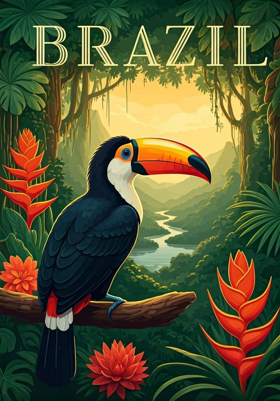 Brazilian Toucan in Lush Rainforest, Vintage Travel Poster