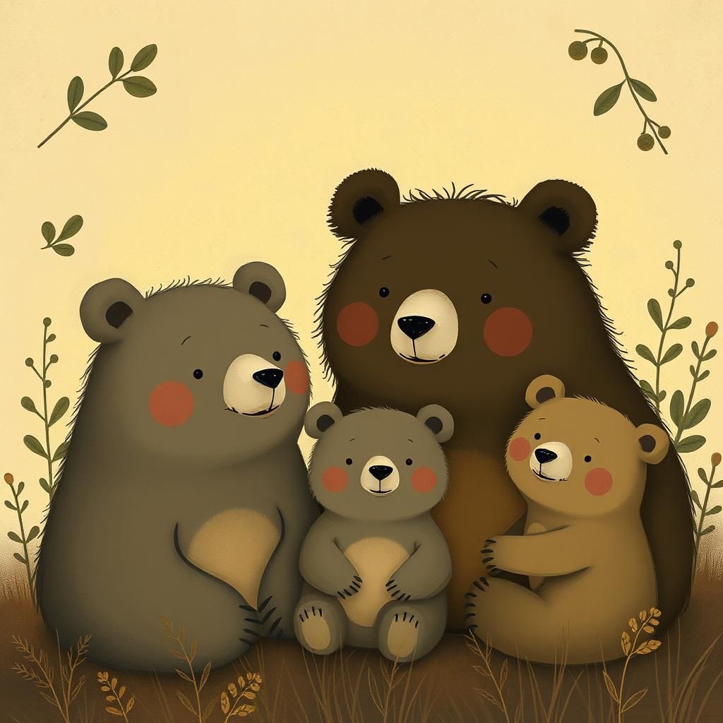 Endearing Bear Family Portrait in Storybook Illustration Sty...