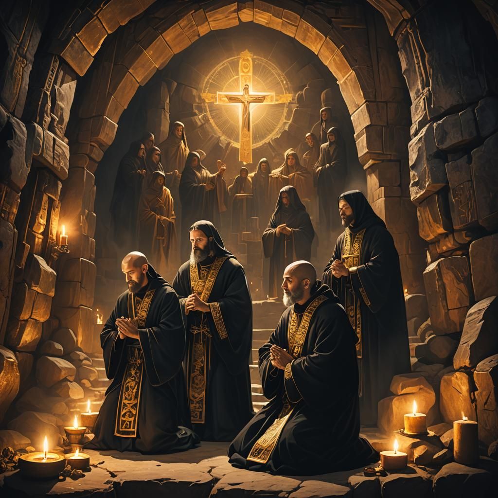 Christian Monastic Orthodox Monks Praying In A Cave
