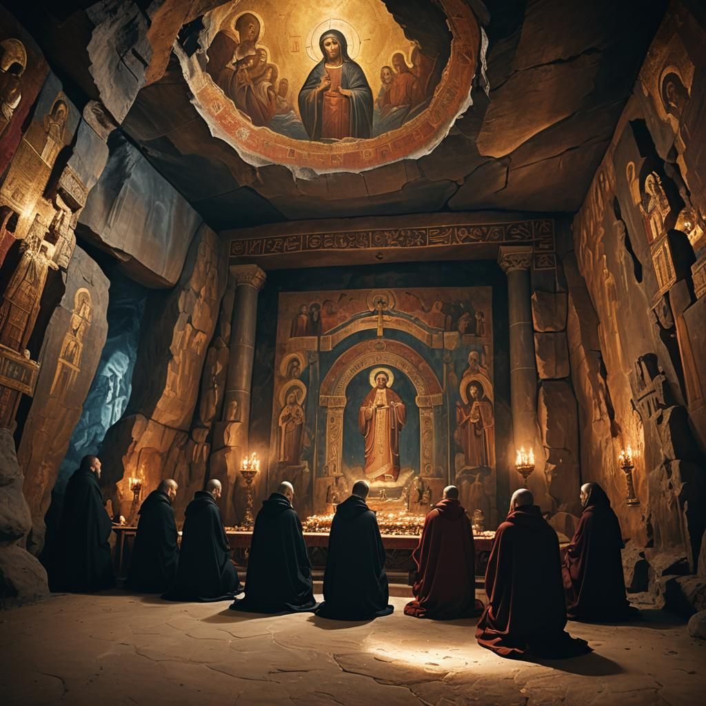 Christian Monastic Orthodox Monks Praying In A Cave
