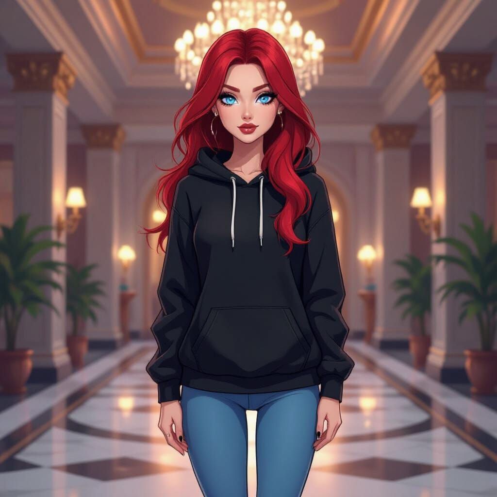 Demonic Redhead in Hazbin Hotel Style Lobby