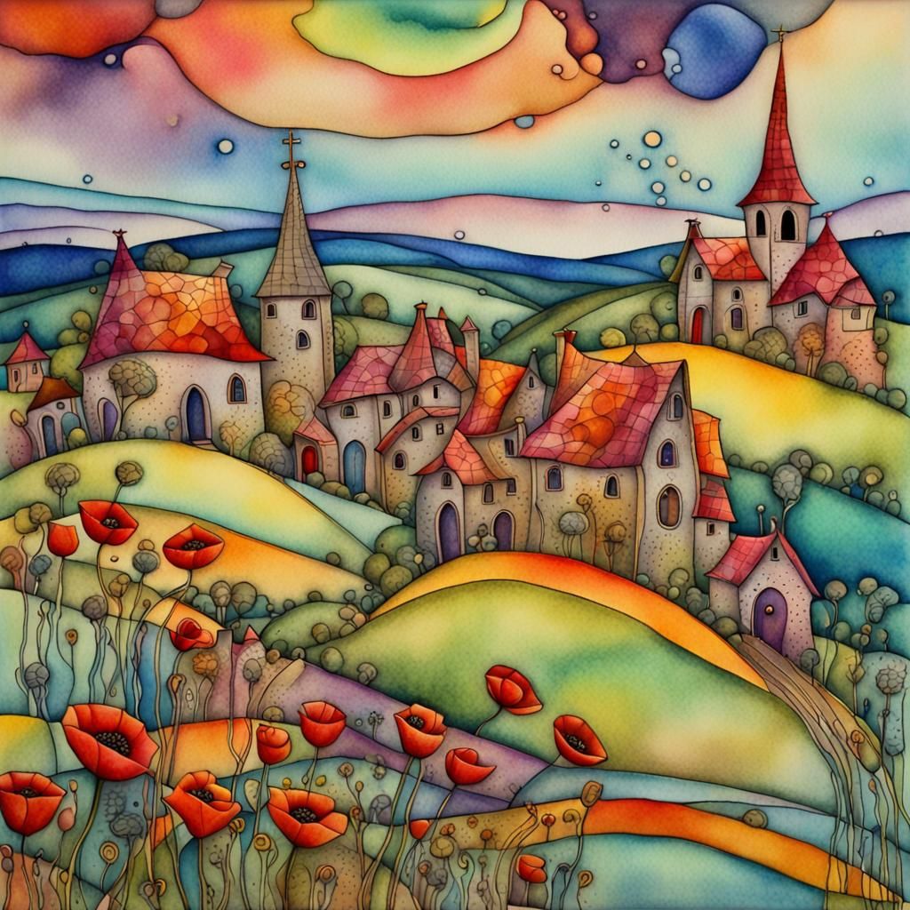 Whimsical Medieval Village in Fauvist Cubist Style