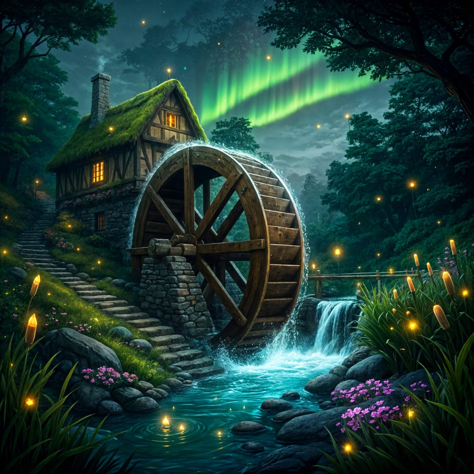 Whimsical Waterwheel Scene in Dreamy Landscape