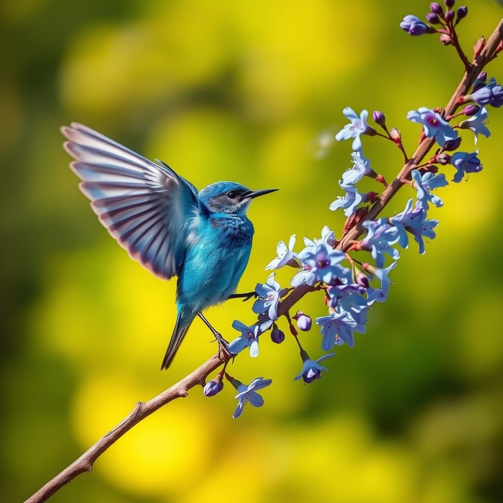 Mountain Bluebird Perched Among Blue Blossoms