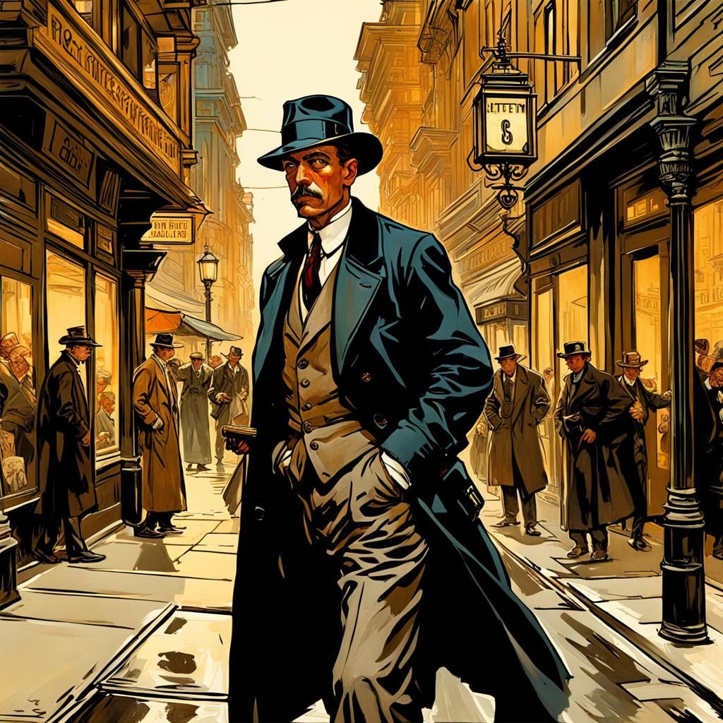 Noir Detective in Art Nouveau Cityscape