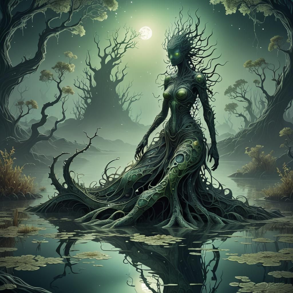 Bioluminescent Swamp Monster in Misty Lake