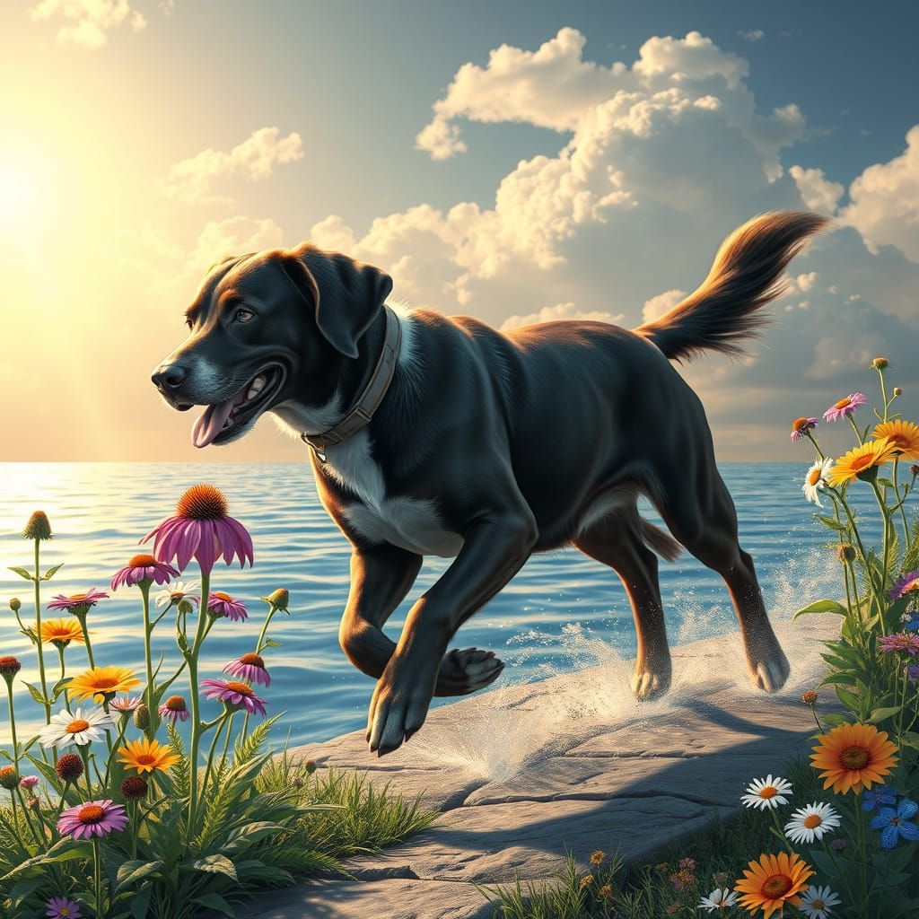 Labrador Retriever Luna Moth Hybrid Runs on Shore