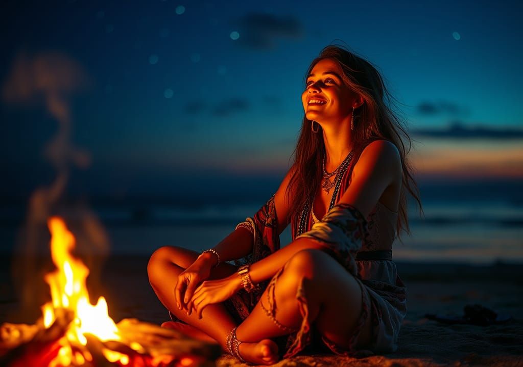Woman by Campfire on Windswept Brittany Beach