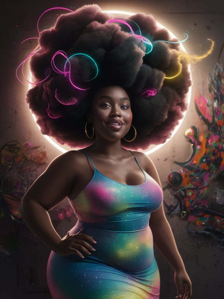 Radiant Woman With Neon Afro and Galaxy Dress