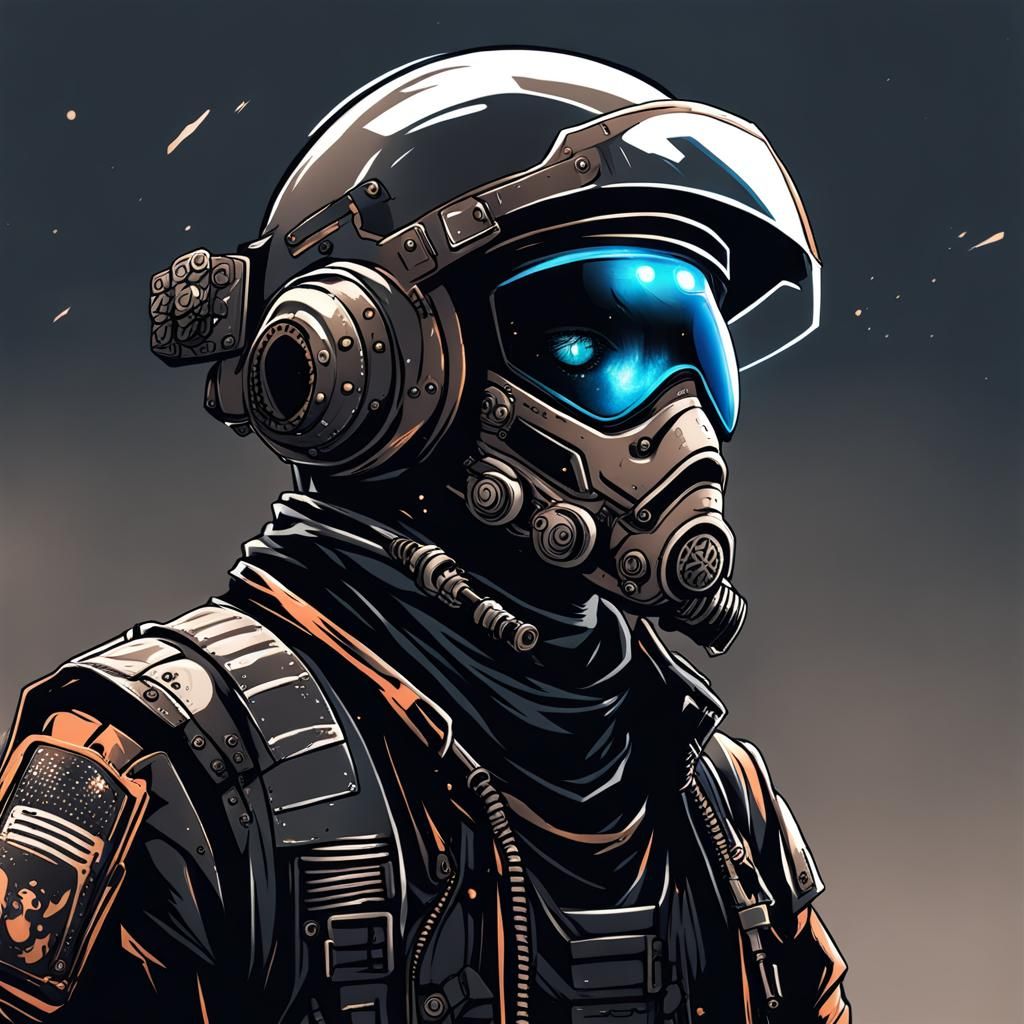 Post-Apocalyptic Biker with Space Helmet in Anime Style