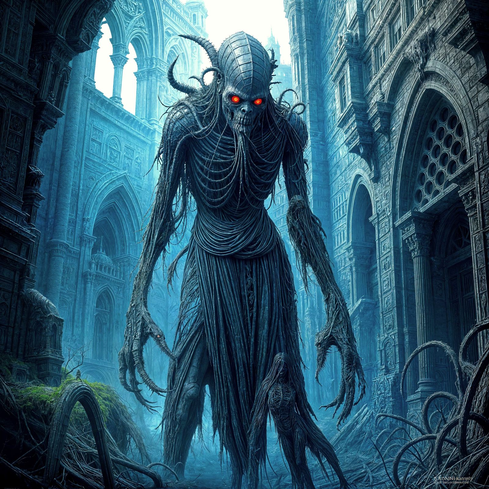 Nightmarish Undead Creature in Ruined Castle