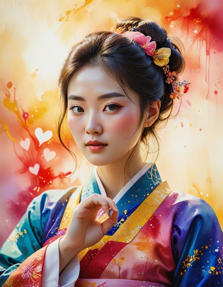 Korean Woman in Hanbok Watercolor Portrait