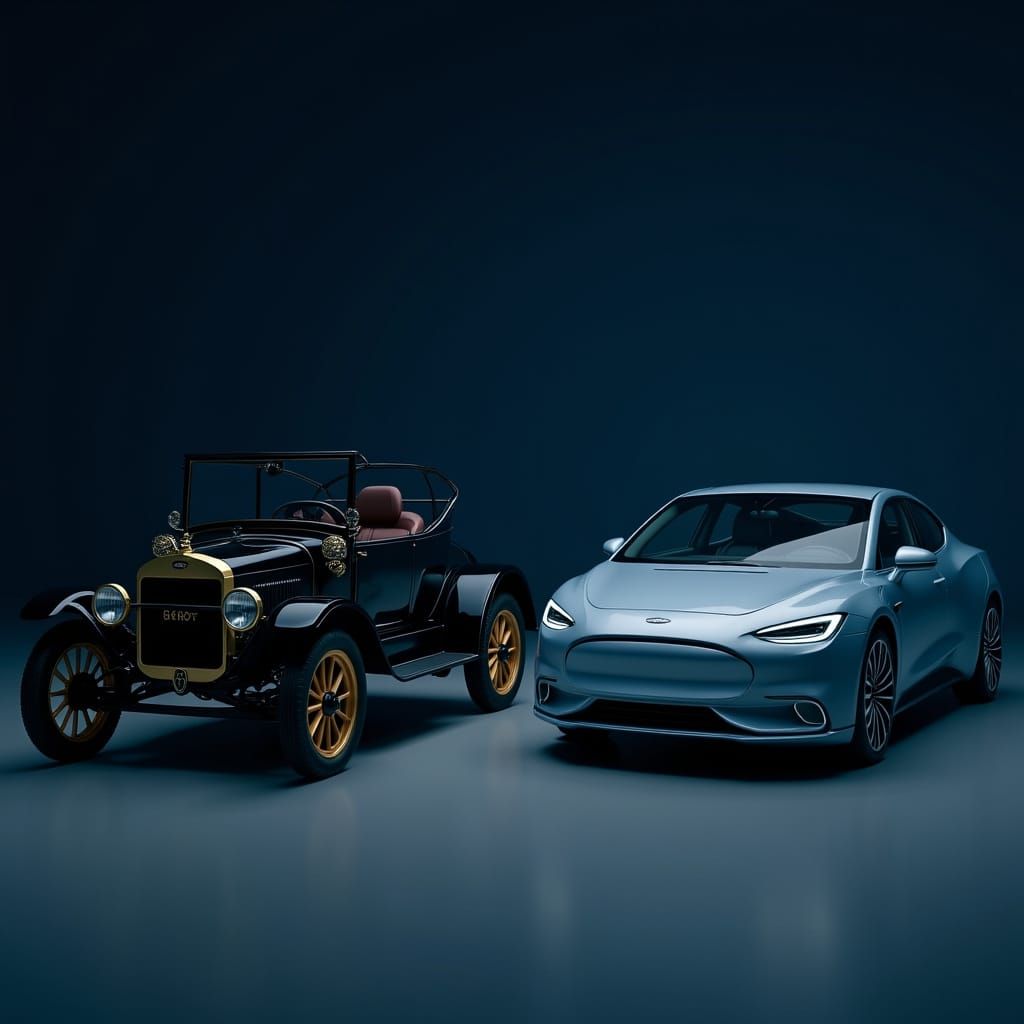 Ford Model T & Electric Car in Showroom, Cinematic Lighting