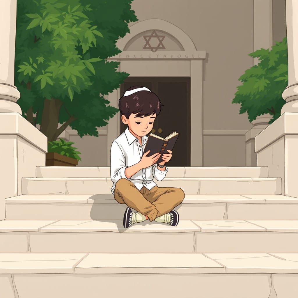 Young Boy Finds Peace in Synagogue Steps