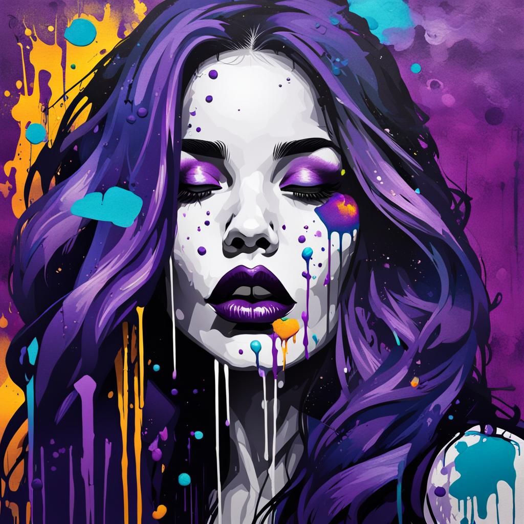 Woman with Purple Hair in Graffiti Street Art Style