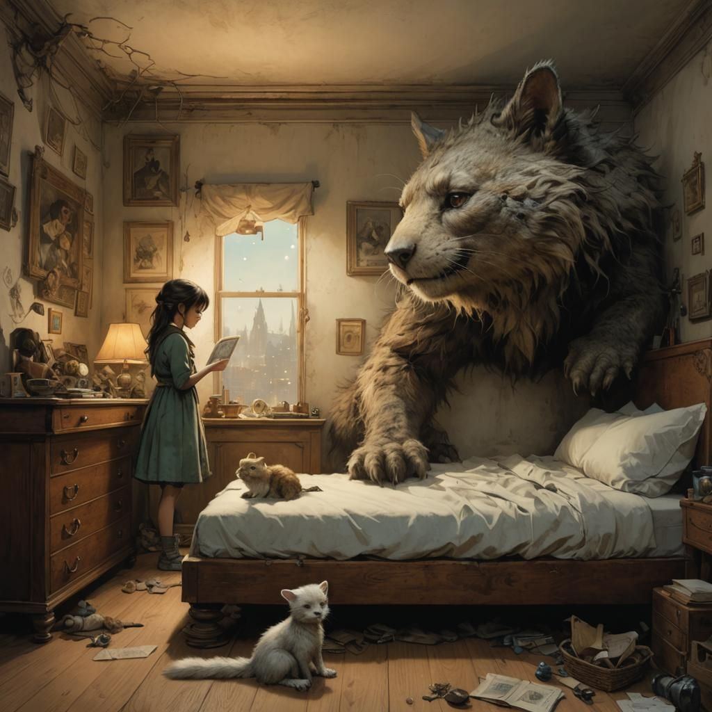 Girl Finds Furry Creature, Fantasy Art