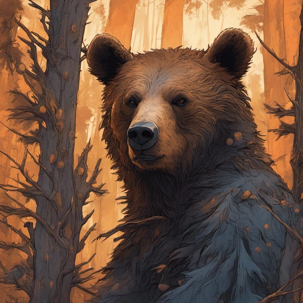3D Bear Cub in Starry Forest, Hyperdetailed Art