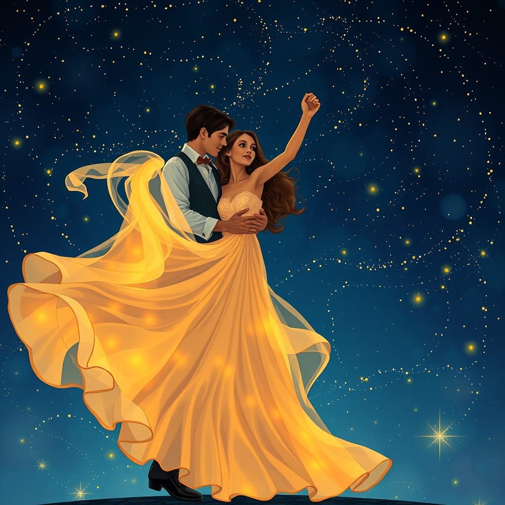 Romantic Dance Under Starry Skies in Art Nouveau Style