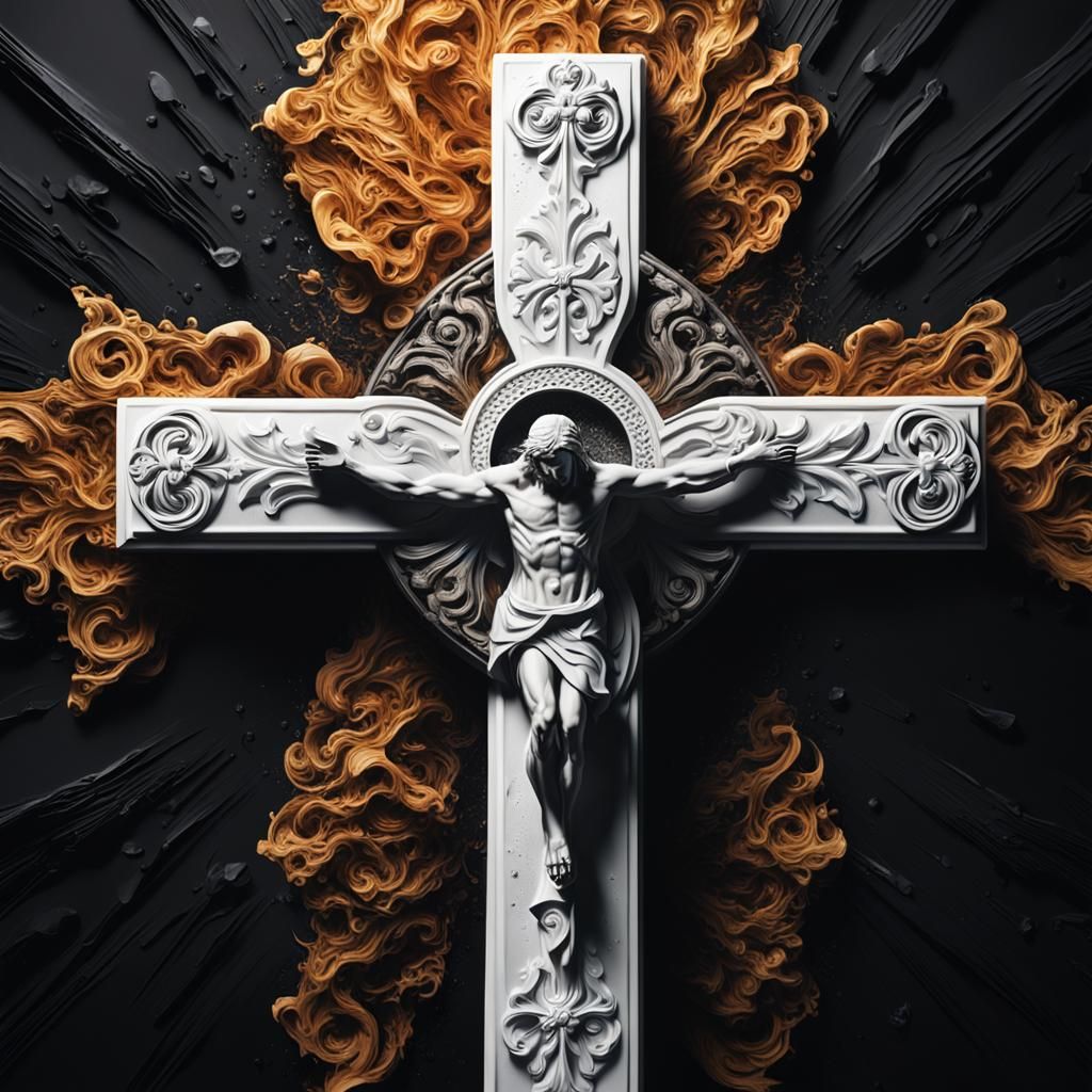 White Catholic Cross on Black in Hyperrealistic Style