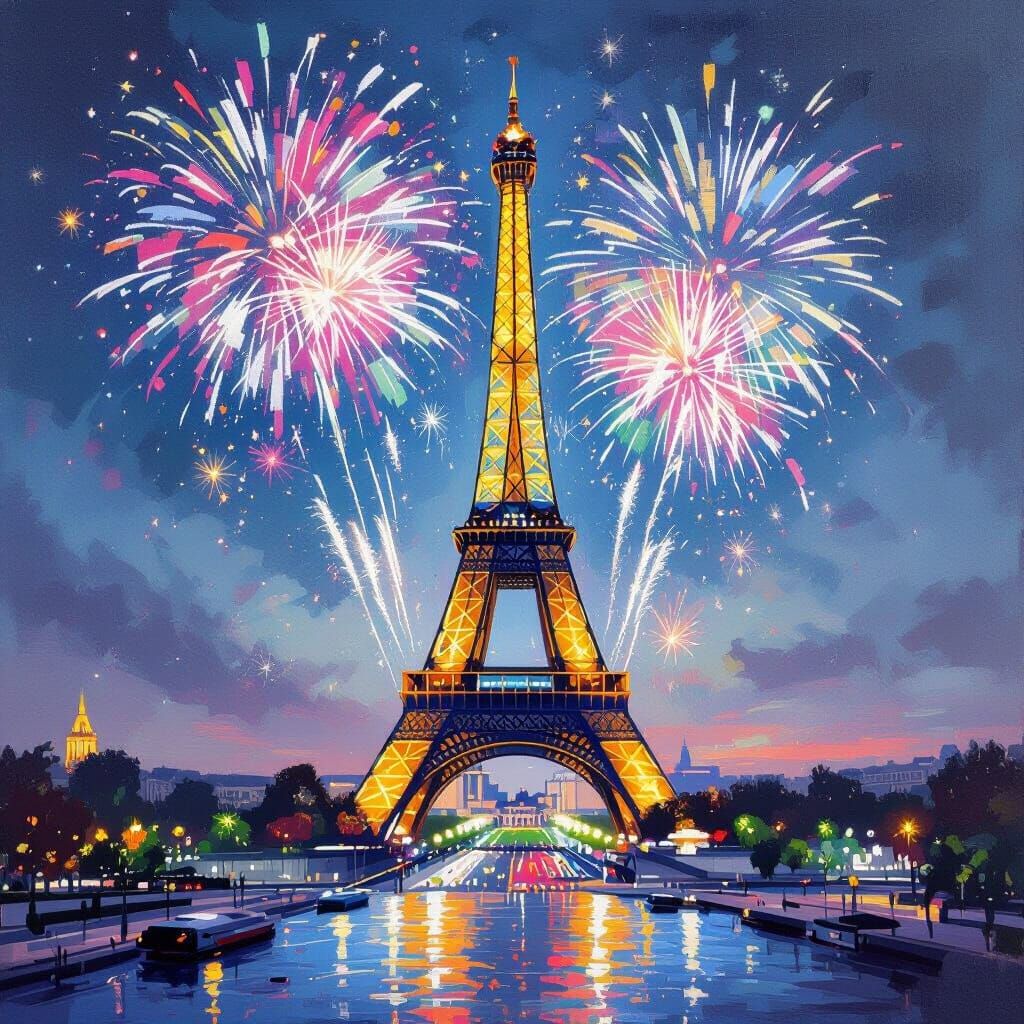 Eiffel Tower Fireworks Display in Impressionist Style