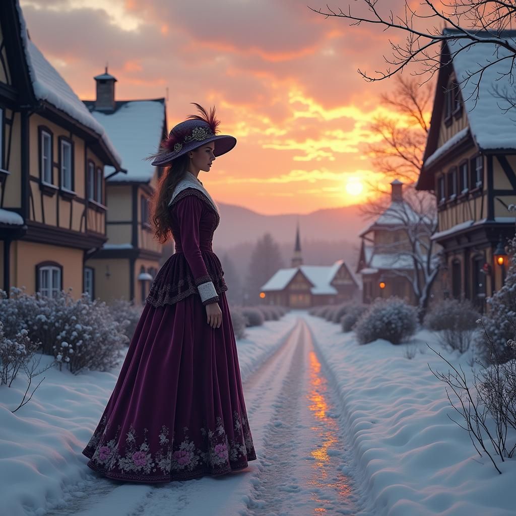 Elegant Woman in Snowy Alsatian Village at Sunset