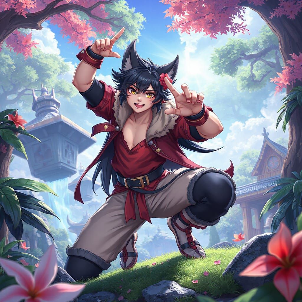 Heroic Anime Character in Lush Fantasy Landscape